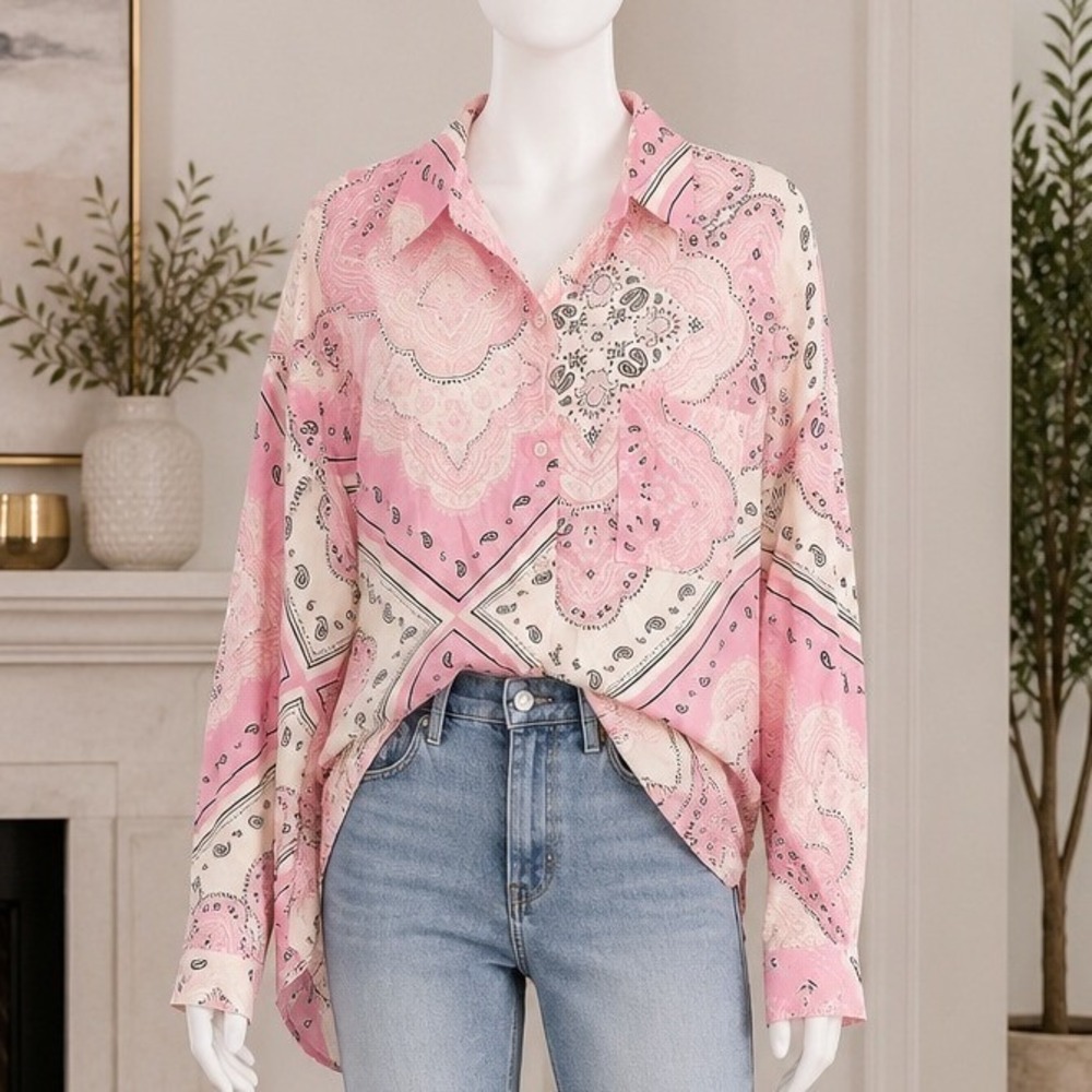 VICI Womens Button Down Top Pink Bandana Paisley Relaxed Fit Large
